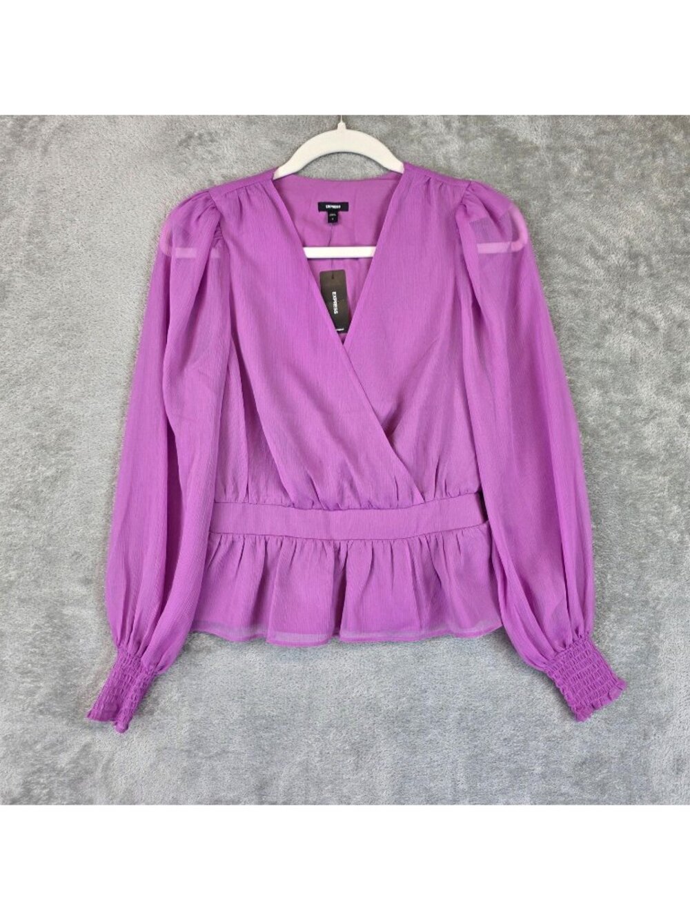 Express Blouse Womens S Purple V Neck Long Balloon Sleeve Ruffle Peplum Chiffon
